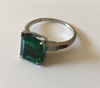 Believed To Be Synthetic Emerald & Diamond Platinum Engagement Ring Vintage
