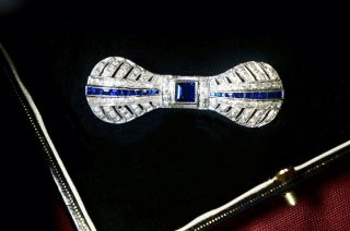 Antique 20s Art Deco 14k Gold Diamonds And Sapphire Bow Brooch Pin