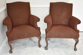 Mahogany Chippendale Claw & Ball Wing Chairs Club Chairs Usa Made