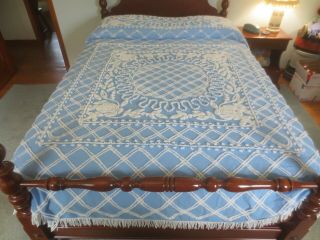 Vintage Blue Floral & Lattice Design Cotton Fringed Bedspread - 94 " X 104 "