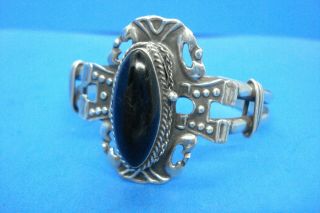 Vintage Sterling Silver Black Onyx Poison Cuff Bracelet - - Mexico