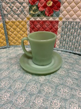 Vintage Fire King Usa Coffee Cup Mug Jadeite Green D Handle With Fireking Saucer