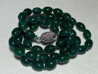 Vintage Chinese Carved Jade Stone Beaded Strand Necklace W/ Silver Clasp