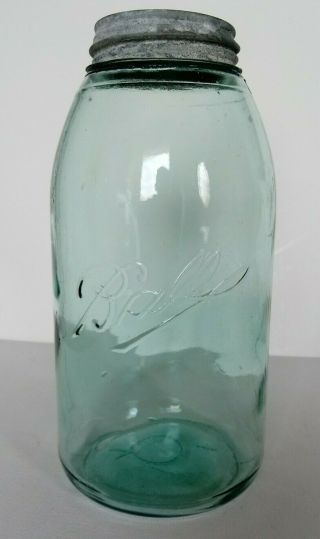 Vintage Half Gallon Green Blue Ball Masons Jar Zinc Ball Lid Marked V 1