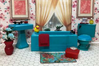 Renwal Turquoise Bathroom Set Vintage Tin Dollhouse Furniture Ideal Plastic 1:16
