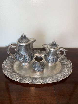 Indonesian Yogya.  800 Silver Repousse 4 Piece Tea Service Set 4 Lbs - Lotus