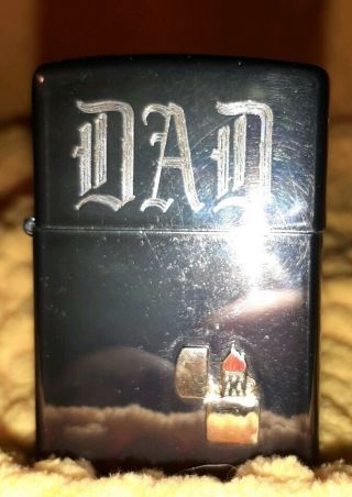1992 Polished Black Zippo Lighter Engraves Dad.  With Raised Emblem Of A Lighter