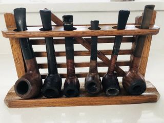 Vintage Treen Wooden Gate Pipe Wall Rack Stand & Bundle Of 6 Briar Tobacco Pipes