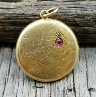 Antique Victorian 18k Yellow Gold Diamond And Ruby Spider Spiderweb Locket