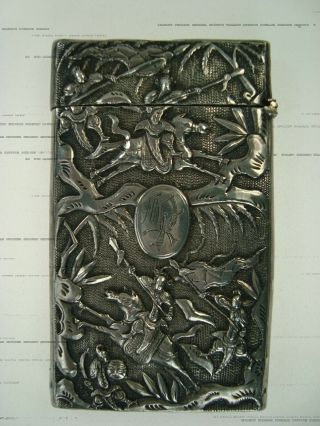 Antique Chinese Export Solid Silver Card Case Holder With Warriors Motif