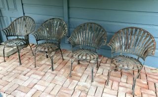 4 Antique Francois Carre Art Deco Fan Back Chairs Sunburst Cafe Armchairs