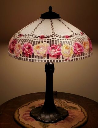 Antique Pittsburgh Reverse Painted Floral Scene Table Lamp - Handel Era