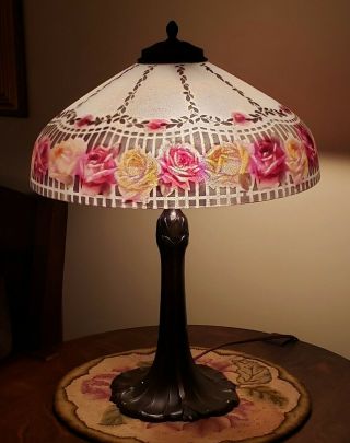 Antique Pittsburgh Reverse Painted Floral Scene Table Lamp - Handel Era 2