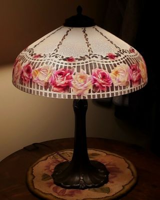 Antique Pittsburgh Reverse Painted Floral Scene Table Lamp - Handel Era 3