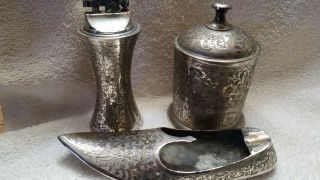 Vtg Antique Smoking Set Old Lighter Ashtray Jar Etched Silver Plate/brass India