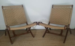 Pair 1960s Mid Century Modern Rope Lounge Chairs Danish Hans Wegner Eames Era