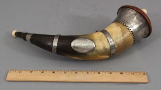 19thc Antique 1882 German Presentation Trophy Black Powder Horn,  Engraved