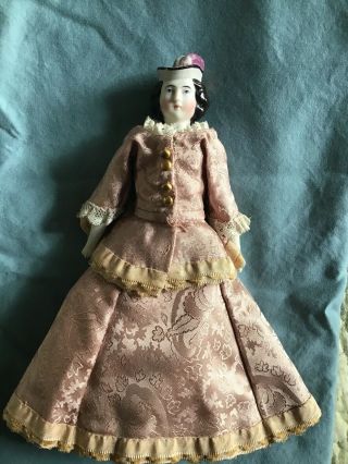Rare 1875 Hatted Black Haired Parian Doll With Plumed Feather Hat Great Dress