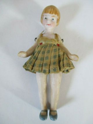 Antique German Bisque Dollhouse Doll Jointed With Dress 3 1/8 " Tall