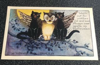 Vintage Whitney Made Halloween Postcard - Owl And Black Cats