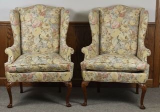 Pair Hickory Chair James River Mahogany Chippendale Carved Wing Chairs Tapestry