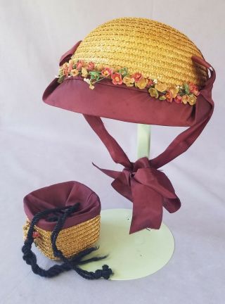 Vintage Antique Large Doll Straw Hat & Reticule Purse
