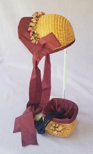 Vintage Antique Large Doll Straw Hat & Reticule Purse 3