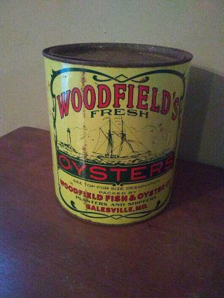 Vintage 1 Gallon Woodfields Oysters Tin Can With Lid