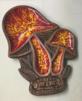 Vintage Mid Century Treasure Craft Art Orange Red Two Mushroom Trinket Tray 3