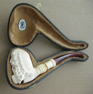 Vintage Sms Turkey Hand Carved Block Meerschaum Estate Pipe,  Fitted Case