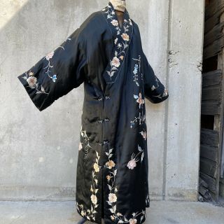 Antique 1920s 1930s Chinese Cheongsam Qipao Dress Black Silk Floral Embroidery