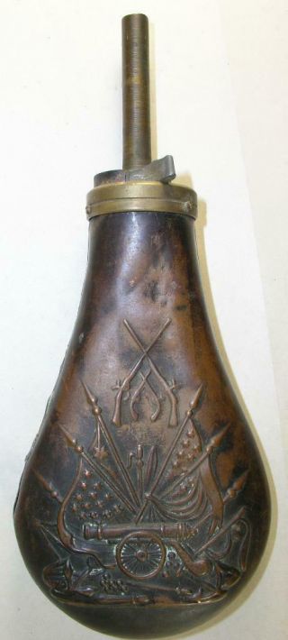 Antique Copper Powder Flask With Flags And Cannon