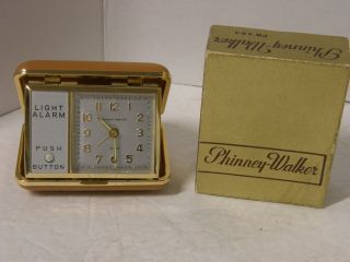 Vintage Phinney Walker Wind Up Travel Alarm Clock Tan Case With Light And Alarm