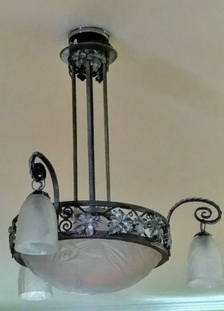 Vintage Antique French Art Deco Noverdy Glass Shade Chandelier Rare