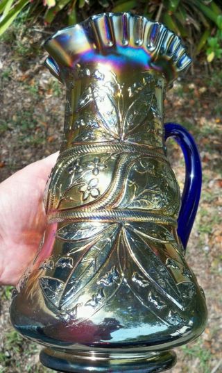 Ultra Rare Antique Fenton Carnival Glass Blue Lily of the Valley Water Pitcher 3