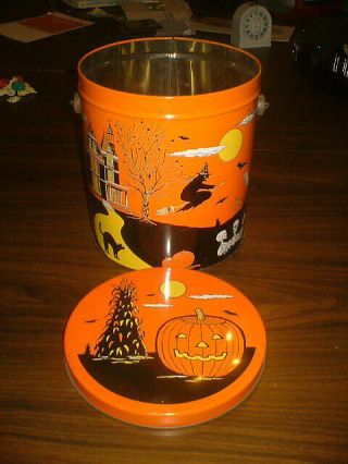Vintage Metal Toy Halloween Tin Litho Candy Pail Bucket Witch Ghost
