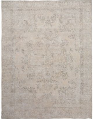 Antique Muted Beige Geometric Tabriiz Distressed Area Rug Hand - Knotted Wool 9x12