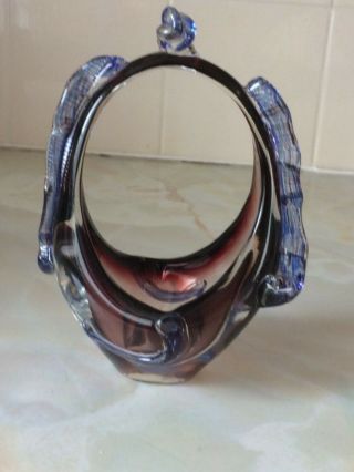 Vintage Murano Art Glass Basket Unsigned 17cms Tall Purple Blue