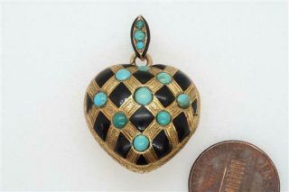 Quality Antique Victorian English 18k Gold Black Enamel & Turquoise Heart Locket