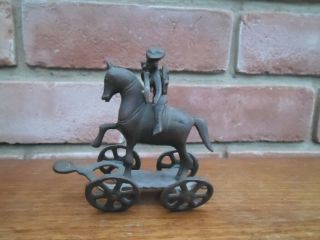 Vintage Antique Bronze Wheeled Toy Or Sculpture Of Mounted Warrior Oriental.