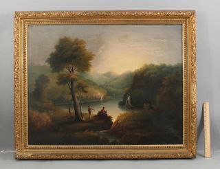Large 19thc Antique American Hudson River Sailboat Landscape Oil Painting,  Nr