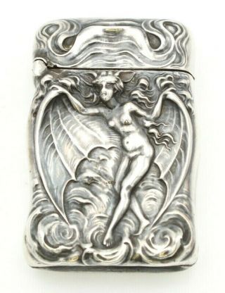 Antique Art Nouveau Unger Bros Sterling Silver Bat Winged Woman Match Safe