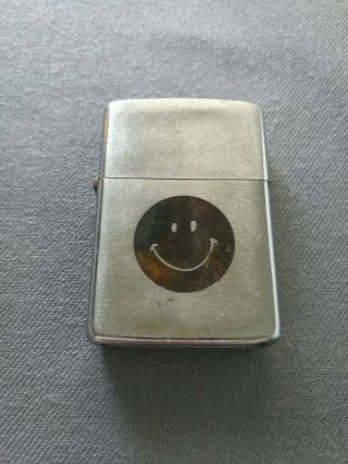 Vintage 1971 Black Smiley Face Brushed Chrome Zippo Lighter Rare