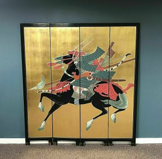 Vintage Chinese Coromandel 4 Panel Screen Room Divider Horse Rider Worrier