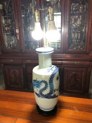 Vintage Chinese Celadon Porcelain Hand Painted Dragon Vase Table Lamp,  30 " Tall