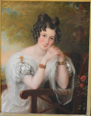 Fine Large Antique 19th Century Portrait Oil On Canvas Painting Green