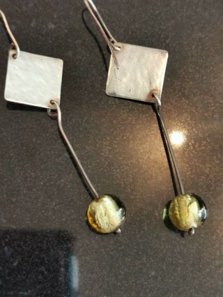 Vintage Modernist Drop Earrings 925 Sterling Silver Foil Bead