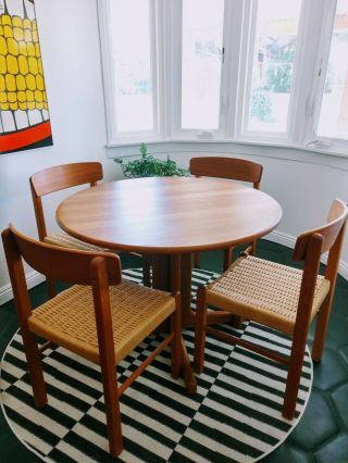 Mid Century Modern Danish Dining Table Set 4 Dining Rope Chairs Teak Mcm Vintage 2
