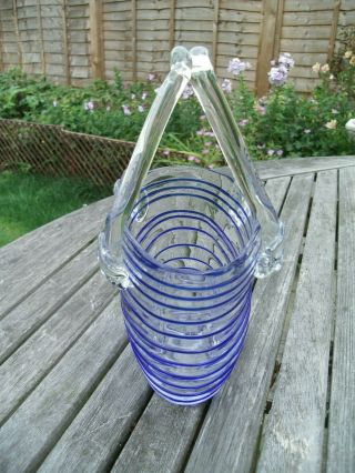 VINTAGE MURANO ART GLASS HANDBAG PURSE BASKET VASE CLEAR WITH BLUE PIPING DETAIL 2