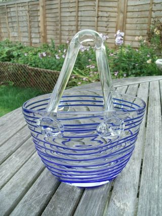 VINTAGE MURANO ART GLASS HANDBAG PURSE BASKET VASE CLEAR WITH BLUE PIPING DETAIL 3